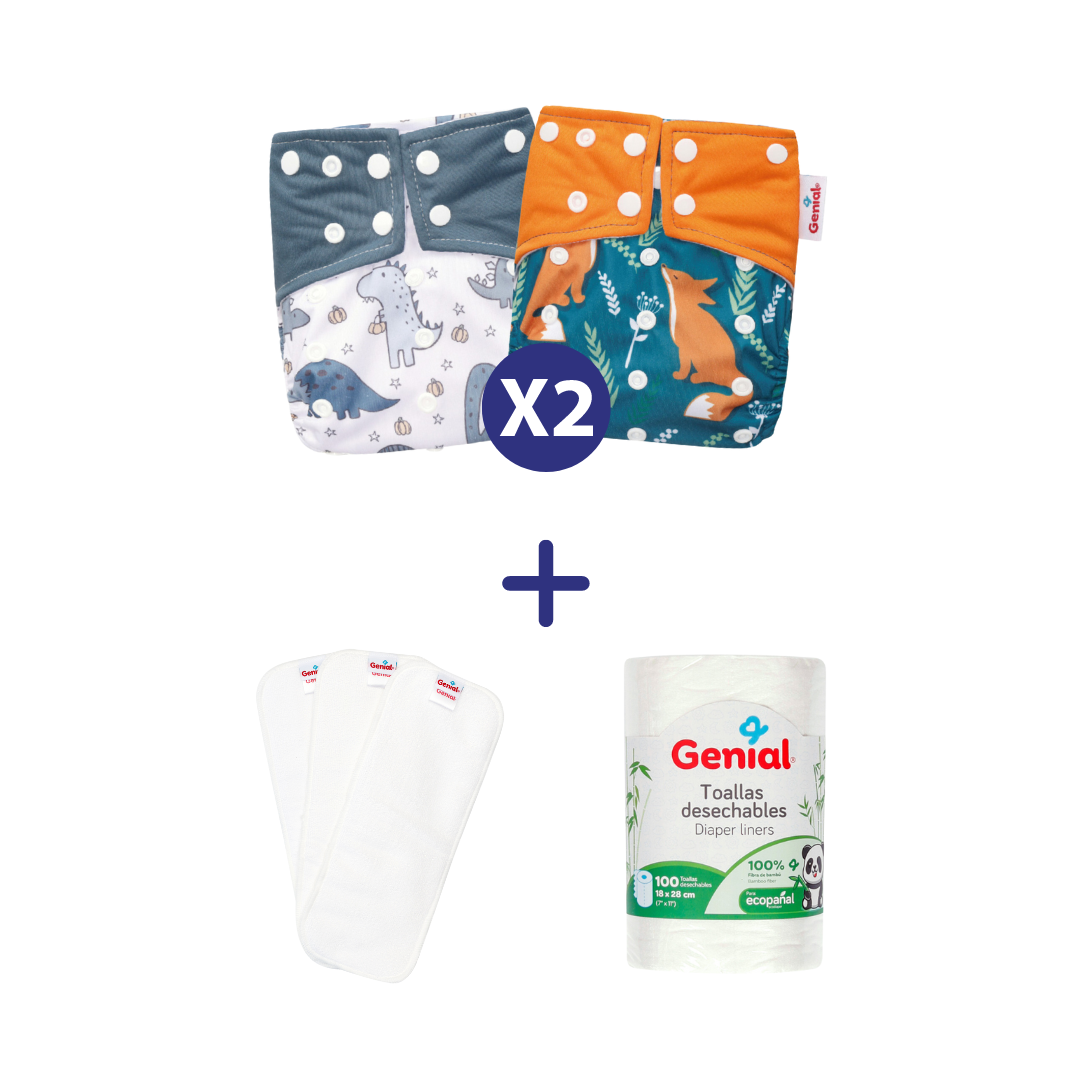 Combo Pañales Ecologicos (2 Ecopañales, 1 pack de 3 insertos y rollo de 100 toallitas de bambú)