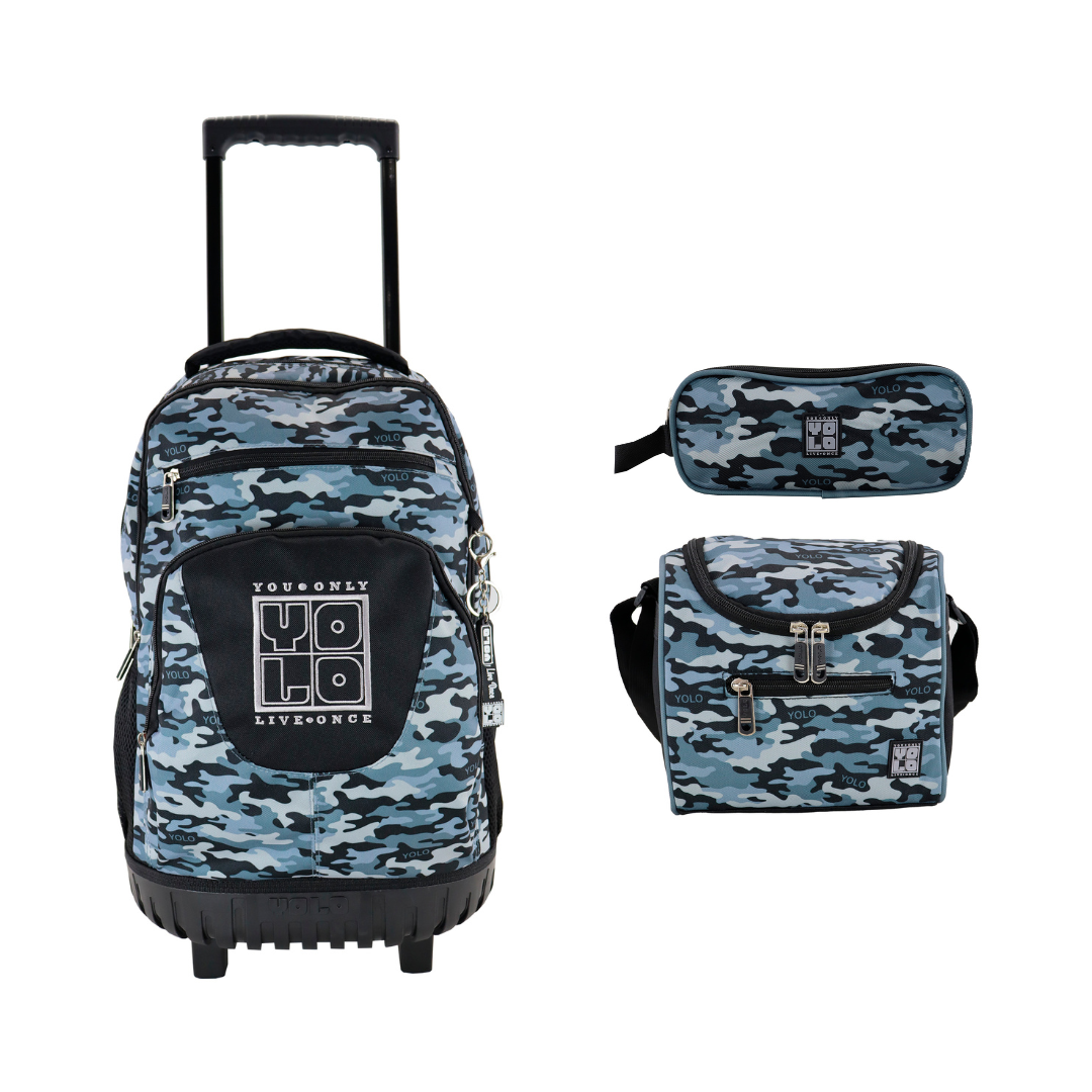 Combo YOLO Camuflaje (Maleta 20 pulgadas, Lonchera y Cartuchera)