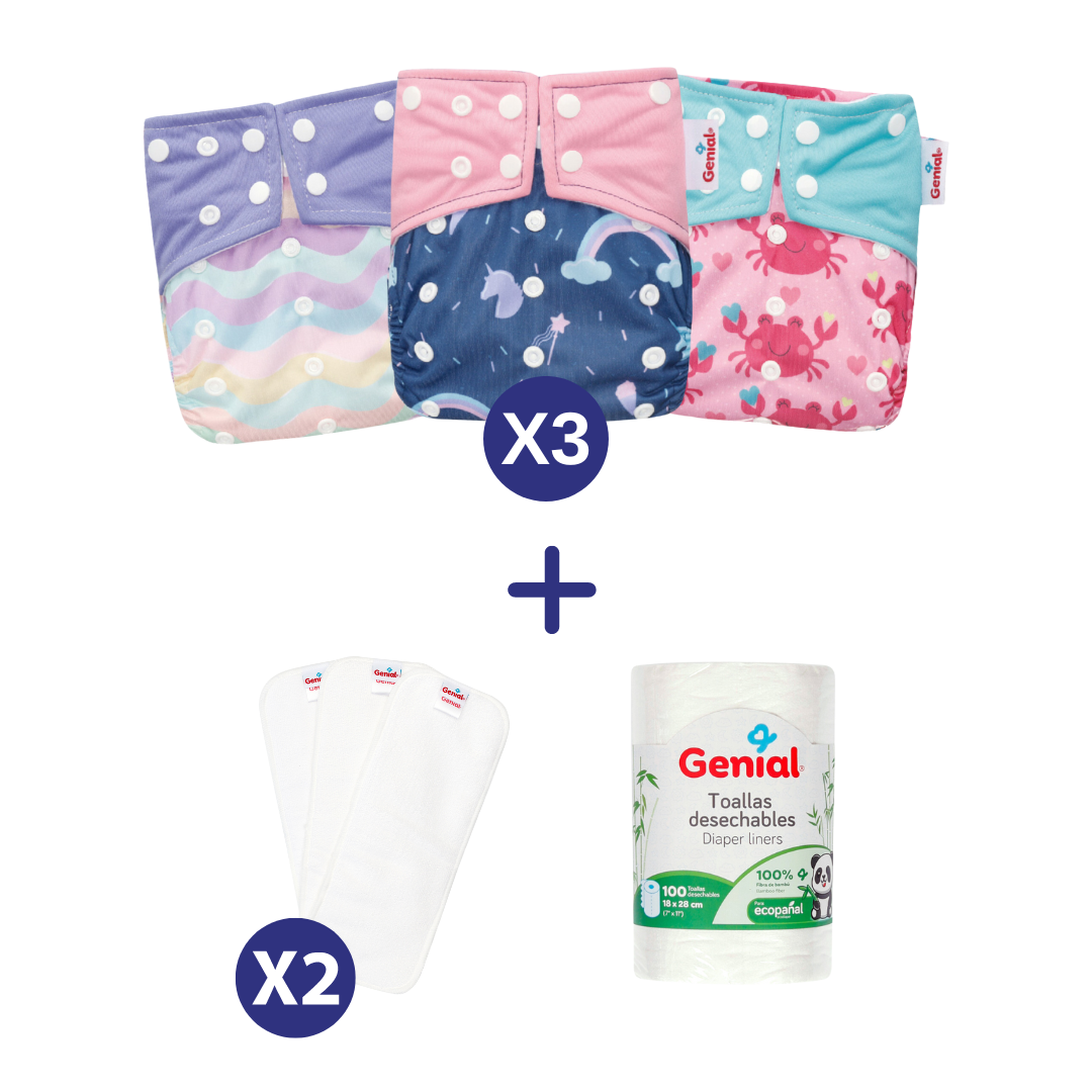Combo Pañales Ecologicos (3 Ecopañales, 2 packs de 3 insertos y rollo de 100 toallitas de bambú)